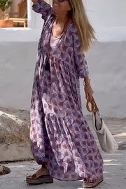 Ibiza Fashion Print Loose V Neck Long Sleeve Long Dress