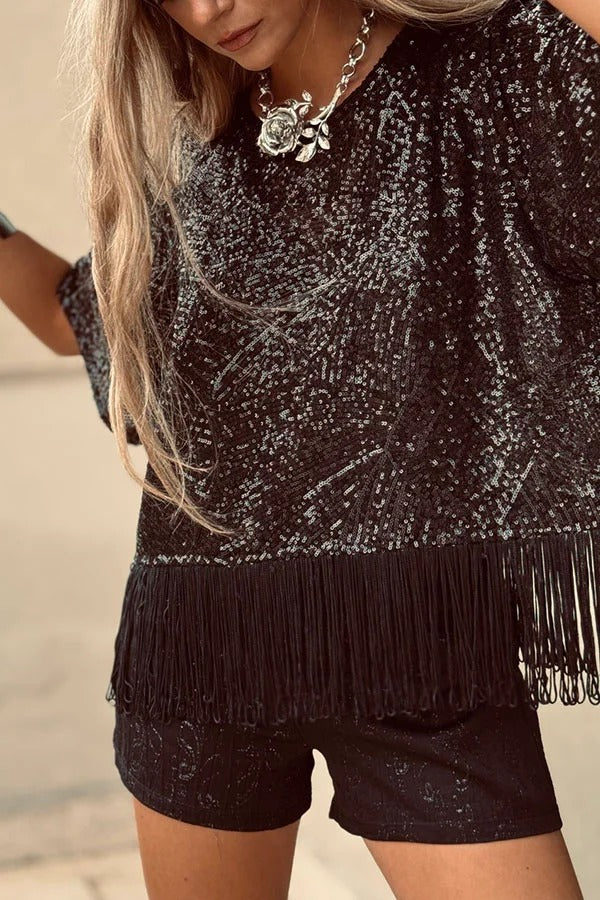 Full of Surprises Sequin Short Sleeve Tassle Trim Loose Top