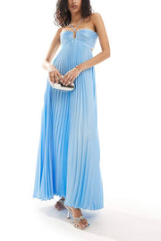 Caught Your Eyes Satin Pleated Cross Straps Cutout Flowing Maxi Dress