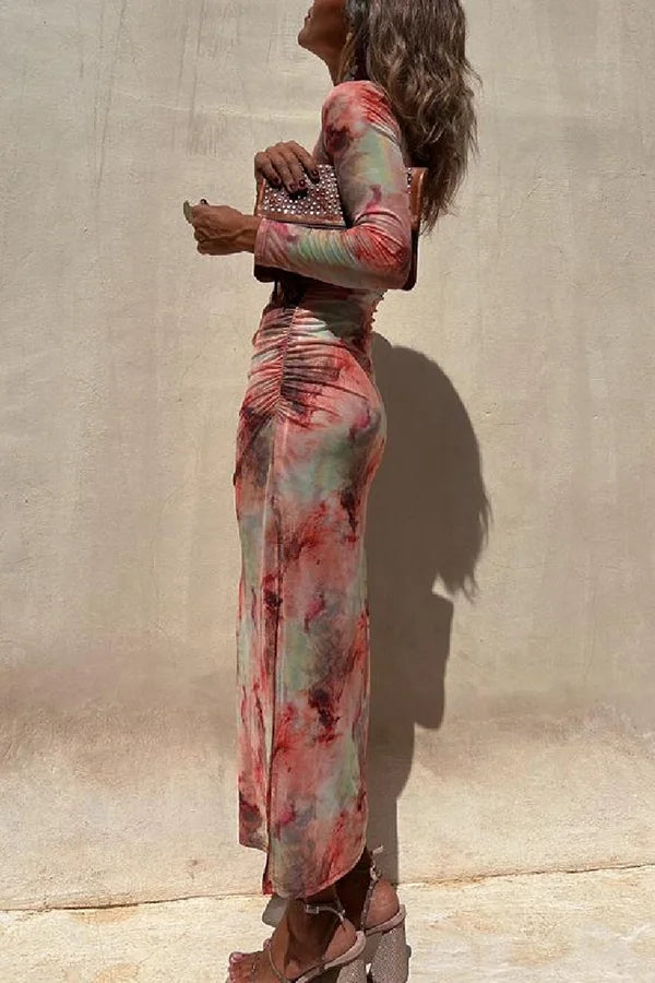 Charm Lady Mesh-Overlay Tie-Dye-Print Langärmliges, gerüschtes Stretch-Midikleid 