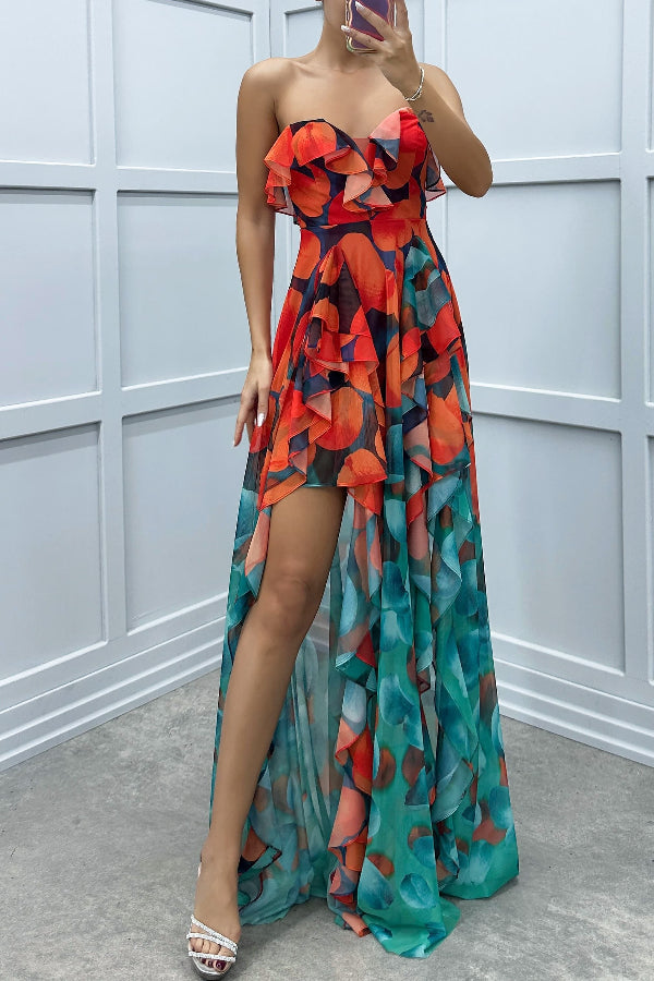 Loving Moment Gradient Unique Print Flowing Layered Ruffles Strapless Slit Maxi Dress