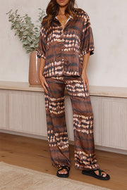 That Warm Feeling Satin Tie-dye Print Button Up Shirt and Elastic Waist Pants Set