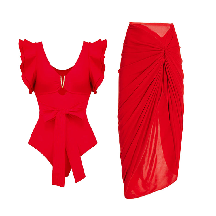 Maillot de bain une pièce à lacets et volants et paréo 