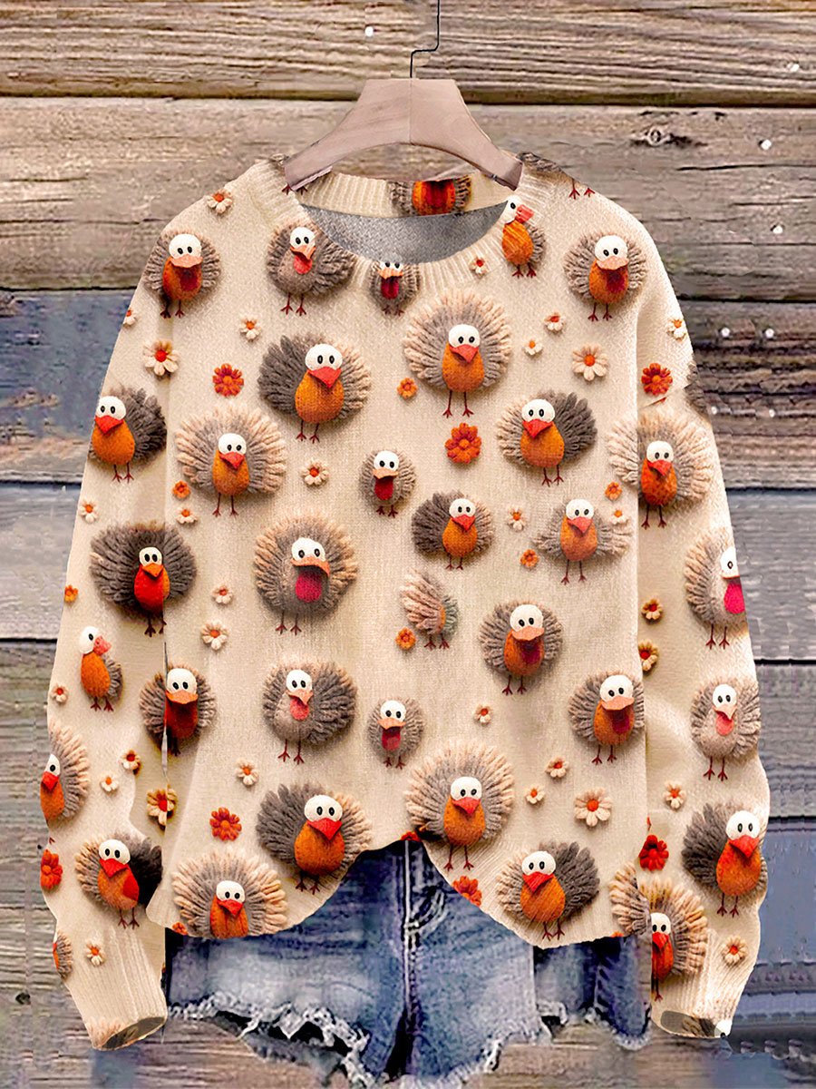 Cute Little Turkeys Fall Thanksgiving Print Knit Pullover Sweater