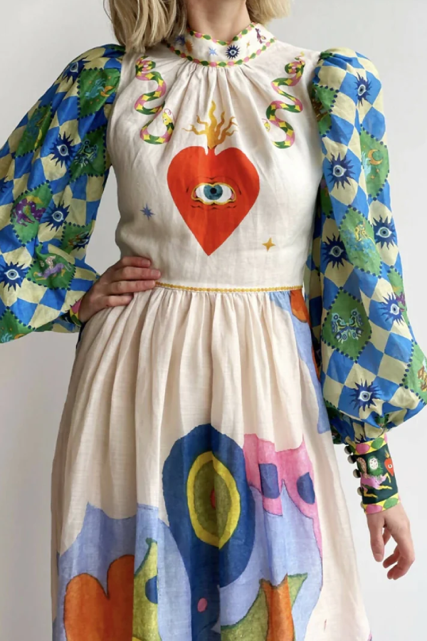 Dear To My Heart – A-Linien-Midikleid mit einzigartigem Print und Laternenärmeln