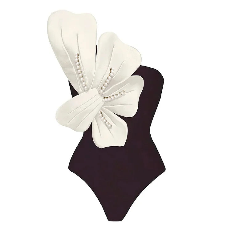 Maillot de bain une pièce asymétrique à fleurs et perles 3D 