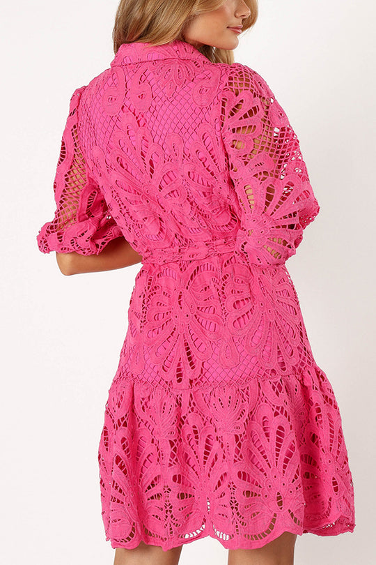 Solid Color Lace Cutout Balloon Sleeves and Waist Tie Mini Dress