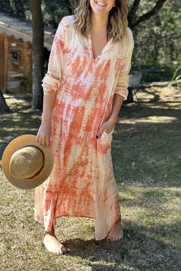 tie-dye long-sleeve v-neck dress