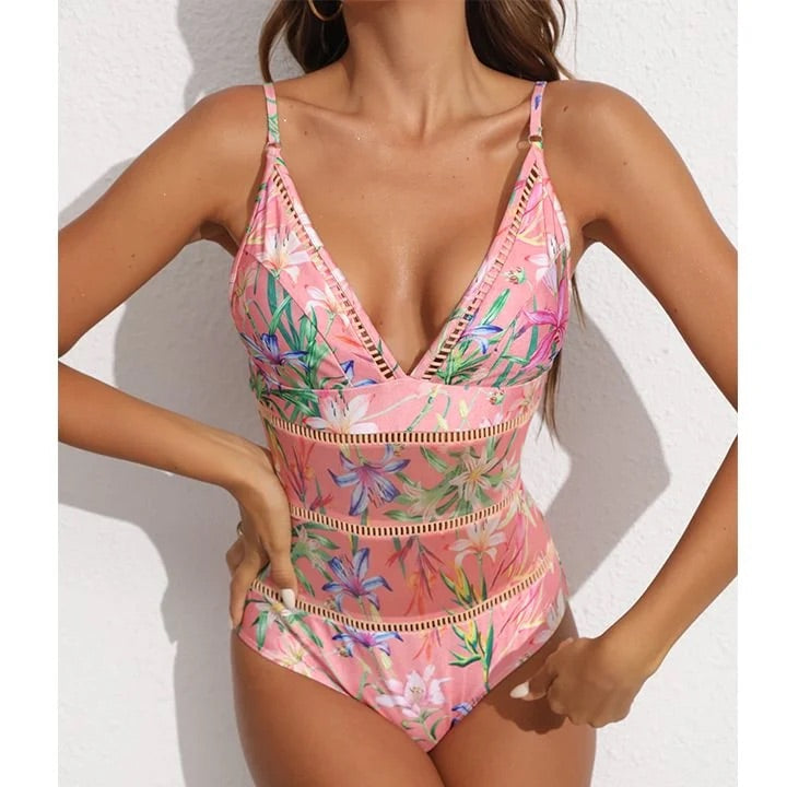 swimgirls Einteiliger Badeanzug mit V-Ausschnitt und Blumenmuster und Sarong aus Netzstoff 