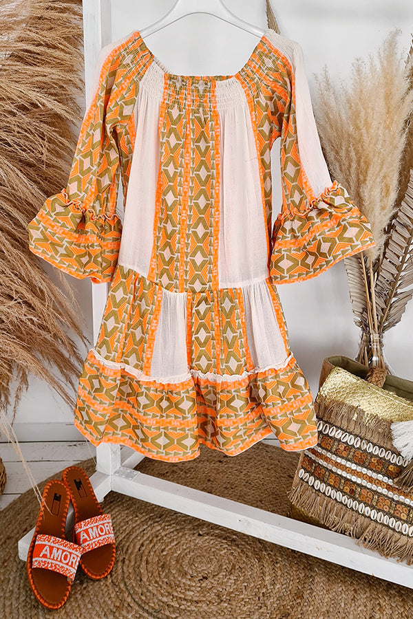 Robe courte ample à épaules dénudées et imprimé ethnique en lin mélangé Friendly Shores