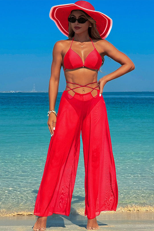 Solid color halter neck trousers three-piece swimsuit