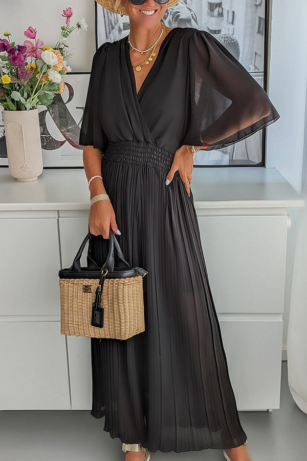 Delightful Day Smocked Waiset Pleated Wide Leg Jumpsuit