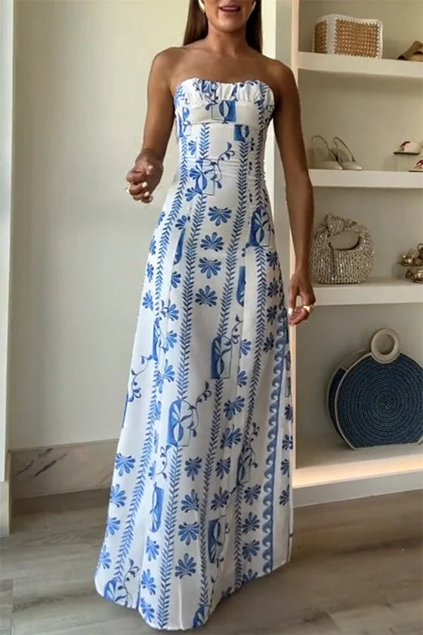 Freya – Trägerloses Maxikleid aus Leinenmischung mit Blumenmuster und Wellenmuster, gerüschter Brustpartie