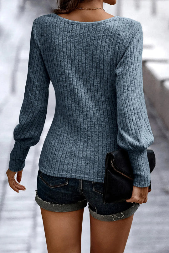 Crew Neck Ribbed Knit Jumper Tops Pullover
