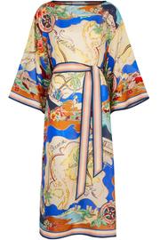 Unique Print Boat Neck Bell Sleeve Belt Pocketed Midi Dress