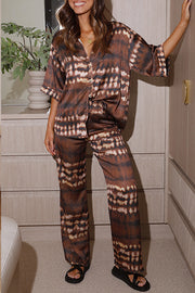 That Warm Feeling Satin Tie-dye Print Button Up Shirt and Elastic Waist Pants Set