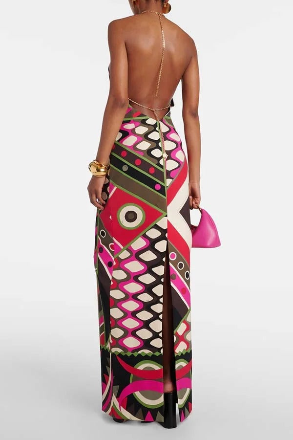 Jiya Unique Print Chain Detail Halter Backless Maxi Dress