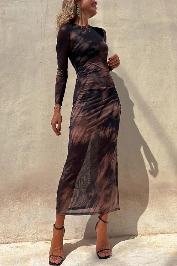 Charm Lady Mesh-Overlay Tie-Dye-Print Langärmliges, gerüschtes Stretch-Midikleid 