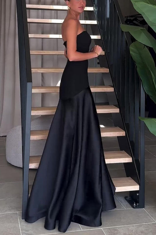 Robe longue évasée bustier en satin patchwork à l'élégance intemporelle