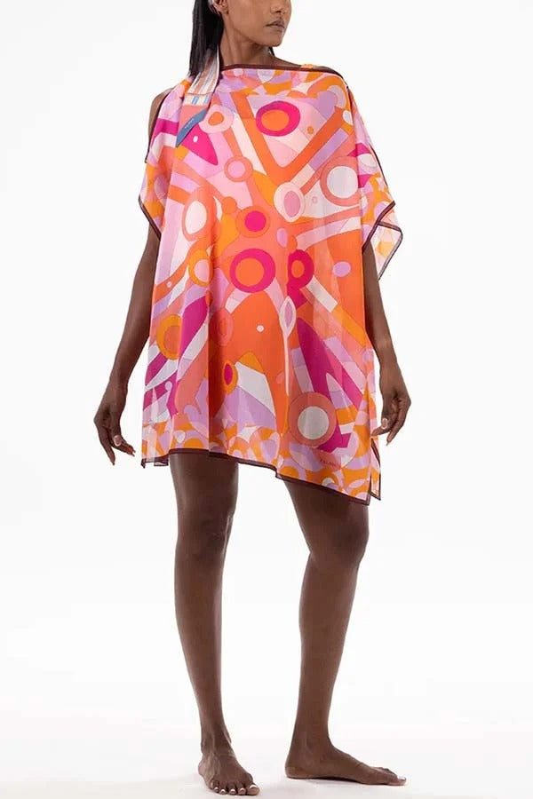 Colorful Circle Unique Print One Shoulder Button Detail Loose Cover-up Mini Dress