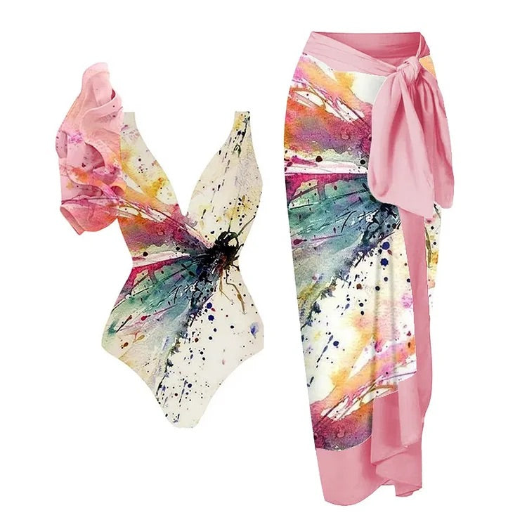 Maillot de bain une pièce à volants et col en V, imprimé papillon abstrait, et paréo 