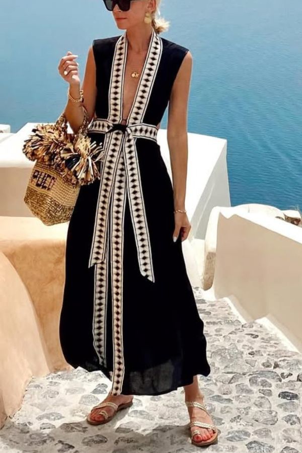 Fashionable Lock-edge Printed V-neck Lace-up Holiday Cover-up Robe