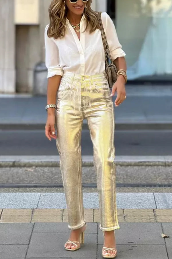 Goldfarbene Retro-Hose mit geradem Bein, losen Taschen und weiten Beinen