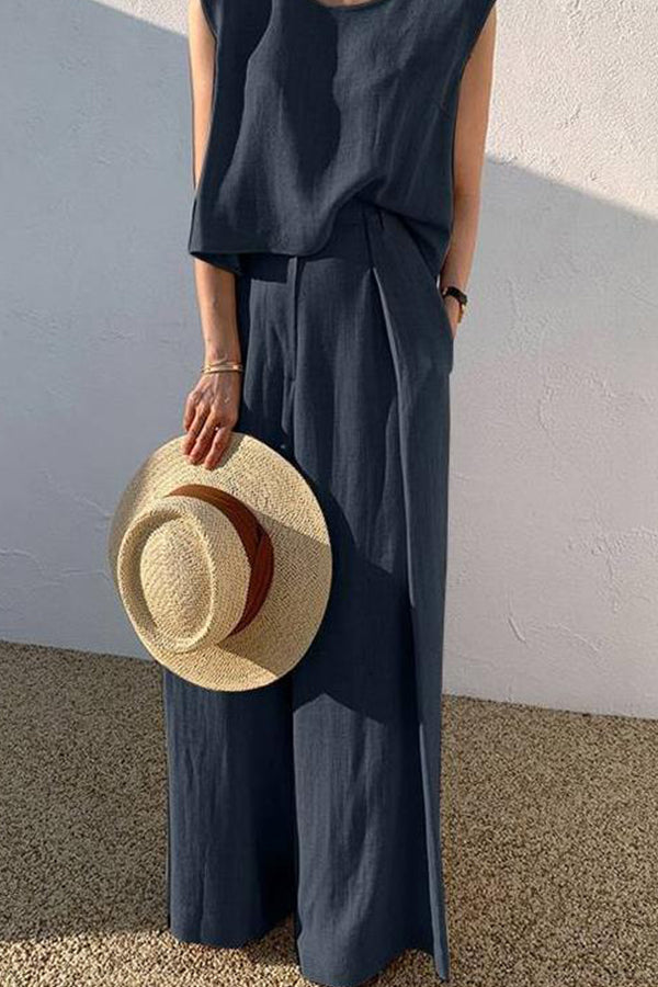 Fashion casual loose two-piece sleeveless top loose wide leg pants for women
