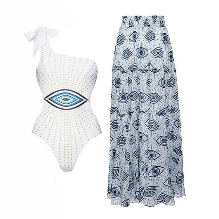 Maillot de bain une pièce et jupe imprimé Evil Eyes 