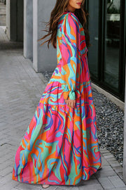 Multicolor Floral Print Ruffle Trim Plunge Neckline Maxi Dress