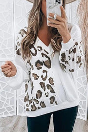 White Leopard Patchwork V Neck Long Sleeve Top