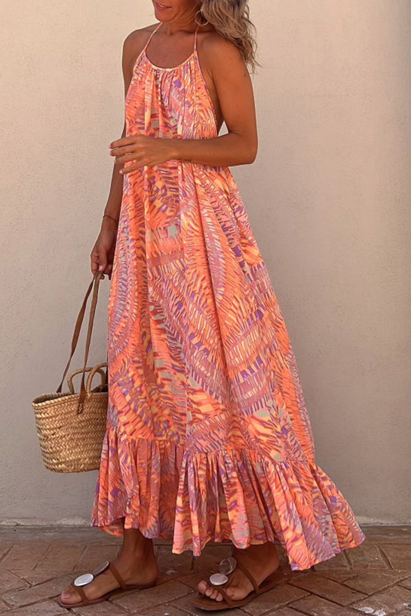 Sunita Ethnic Print A-line Halter Tassel Vacation Maxi Dress