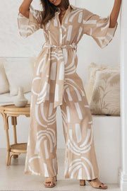 Lapel collar half-sleeve belted long jumpsuit