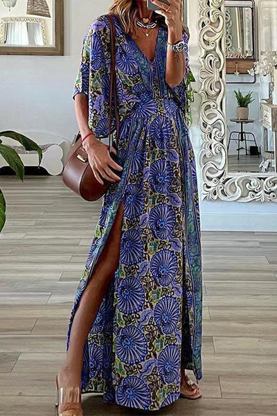 Bohemian Vintage Print Slit V Neck A Line Dresses