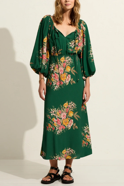 Dark Green Printed V-Neck Drawstring Midi Dress