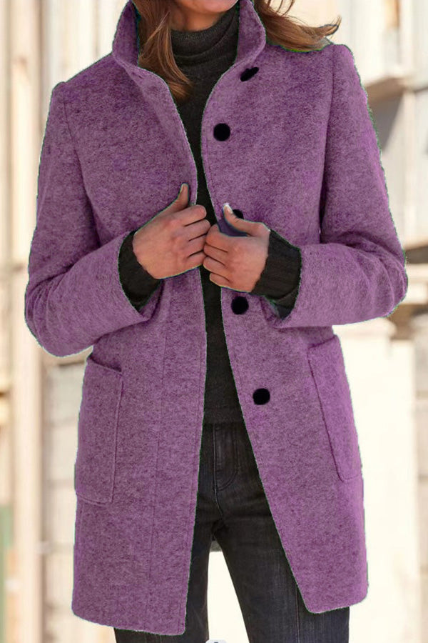 Veste en laine à col montant et boutons de couleur unie rétro 