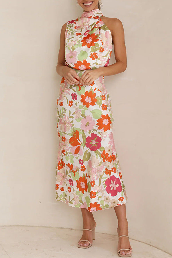 Robe longue à fleurs et col licou, taille élastique, motif Love In The Garden 