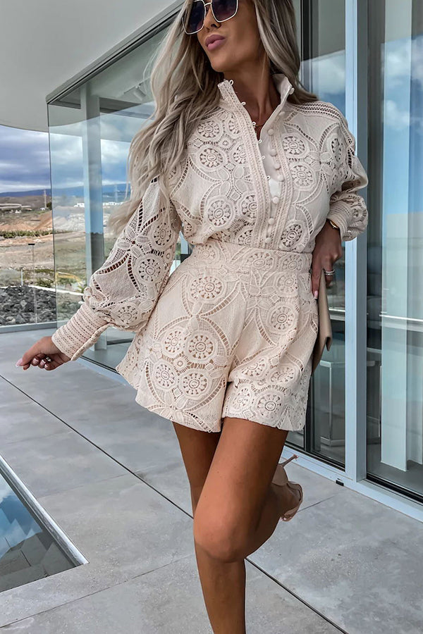 Radiant Blessings Eyelet Crochet Lace Blouse and Shorts Set