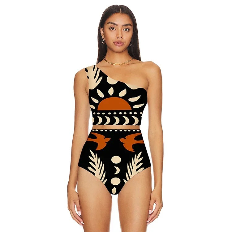 Maillot de bain bikini imprimé à une épaule et pantalon 