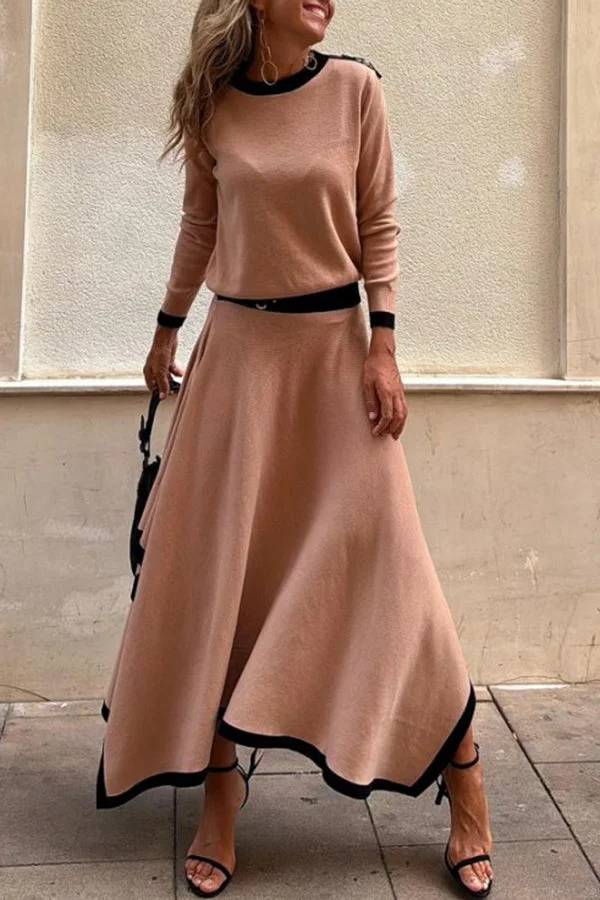 Kadie Colorblock Elastic Waist Buckle Detail Irregular Hem Maxi Skirt