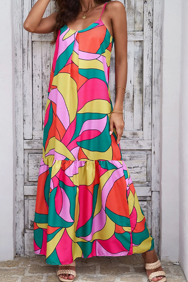 Multicolor Geometric Colorblock V Neck Tiered Maxi Dress