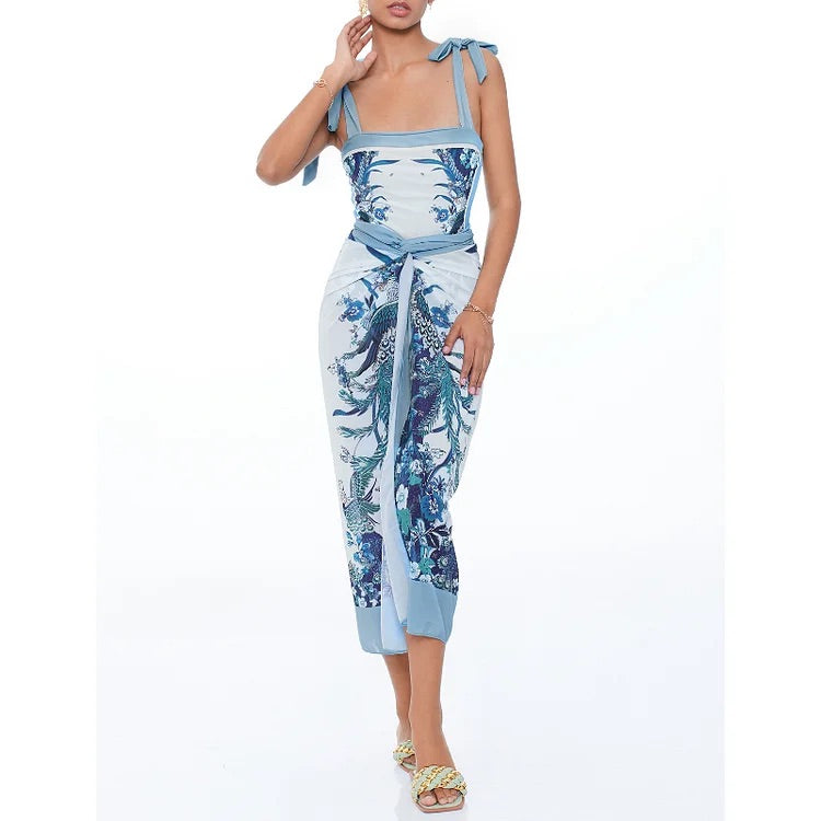 swimgirls Blauer, wendbarer Badeanzug mit Schleife und Schulterschnürung und Sarong/Rock 