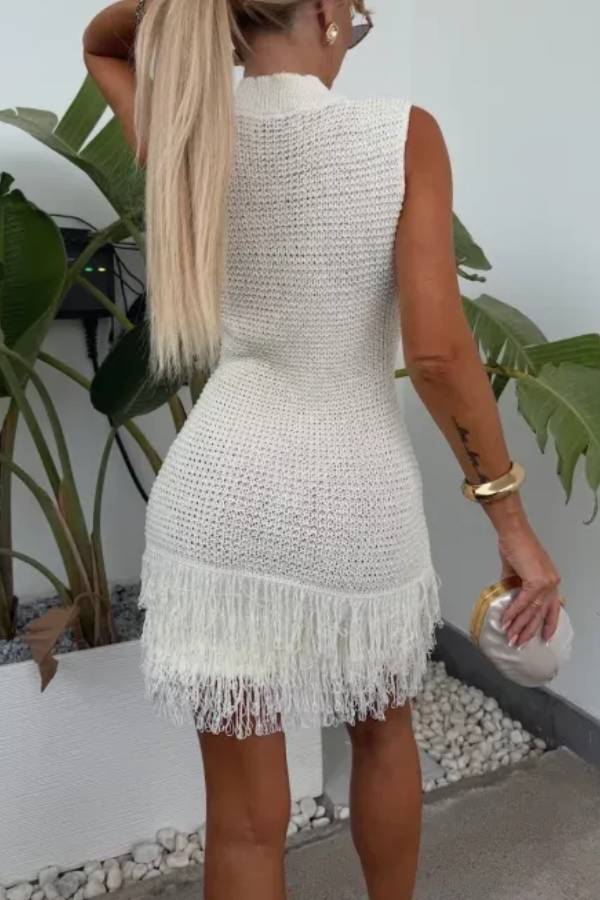 Fashion Knitted Round Neck Sleeveless Slim Fit Fringed Hem Mini Dress
