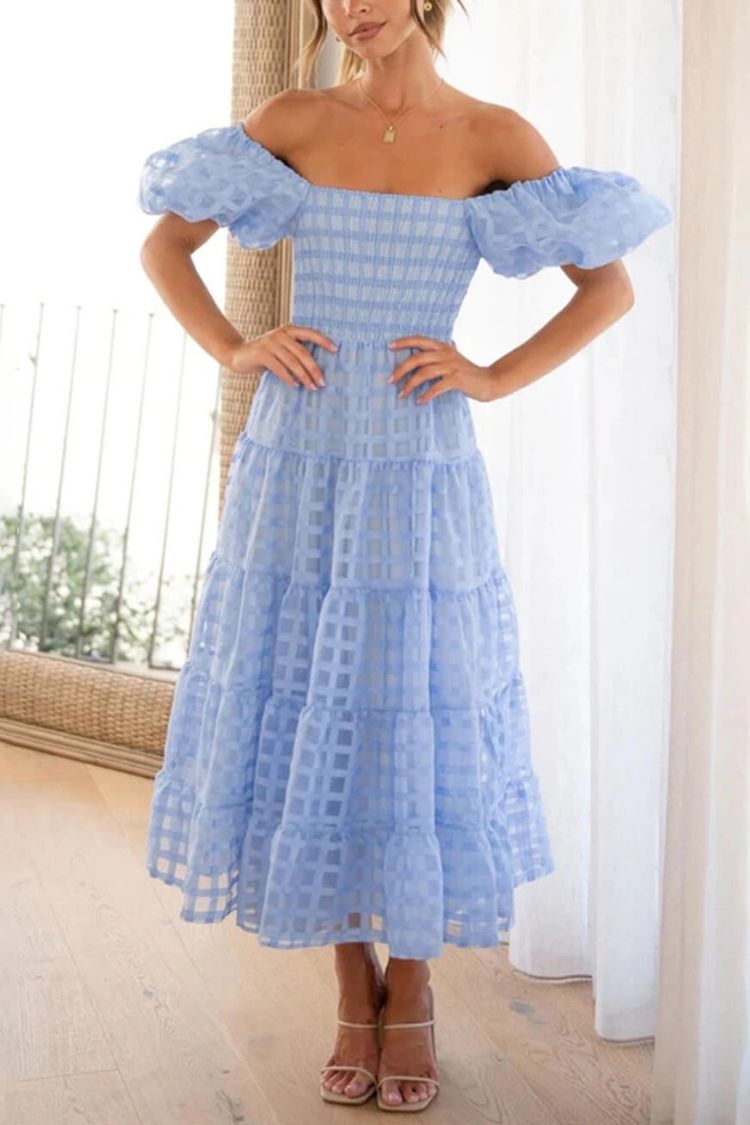 Fashionable One-Shoulder Chiffon Puff Sleeve Swing Midi Dress