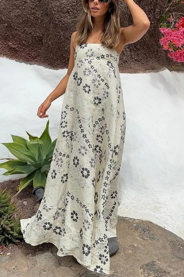 Robe longue dos nu à bretelles et imprimé floral en mélange de lin