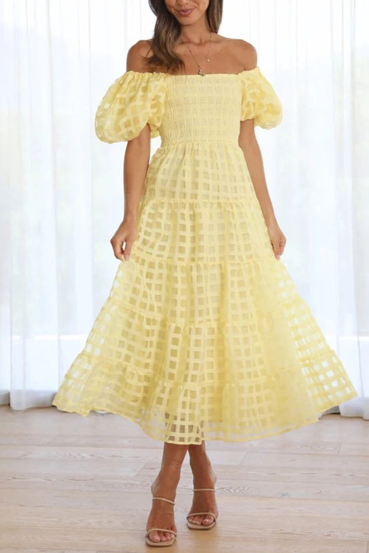 Fashionable One-Shoulder Chiffon Puff Sleeve Swing Midi Dress