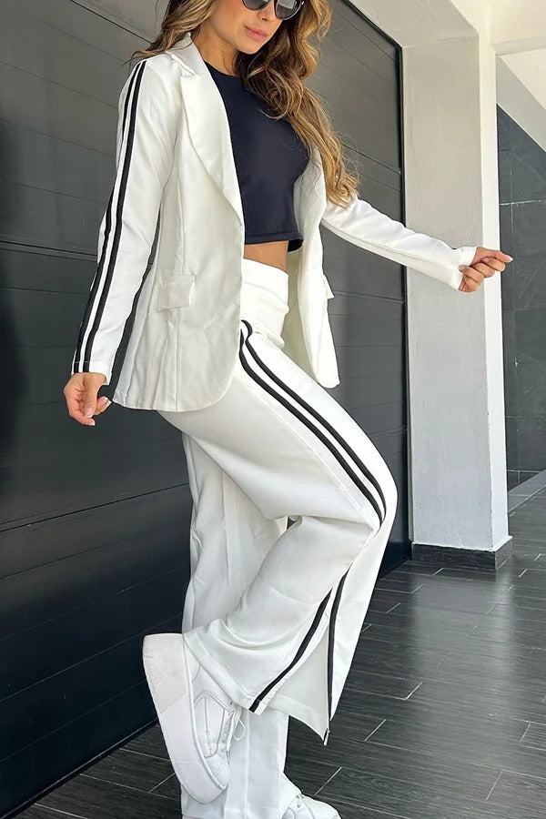 Sporty Mixed Formal Striped Trim Lapel Blazer and Elastic Waist Pocket Loose Pants Set