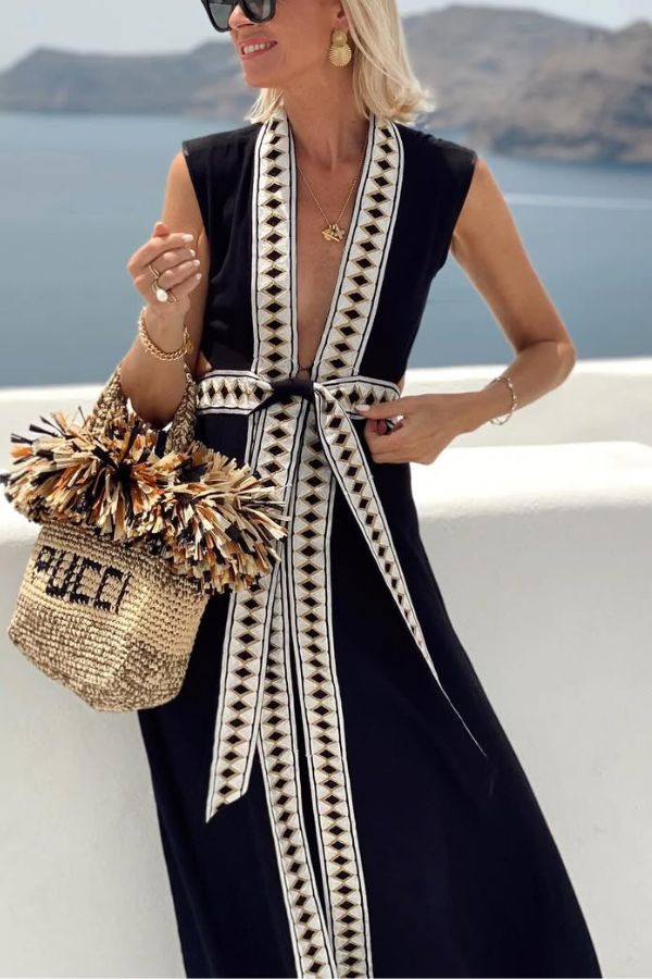 Fashionable Lock-edge Printed V-neck Lace-up Holiday Cover-up Robe