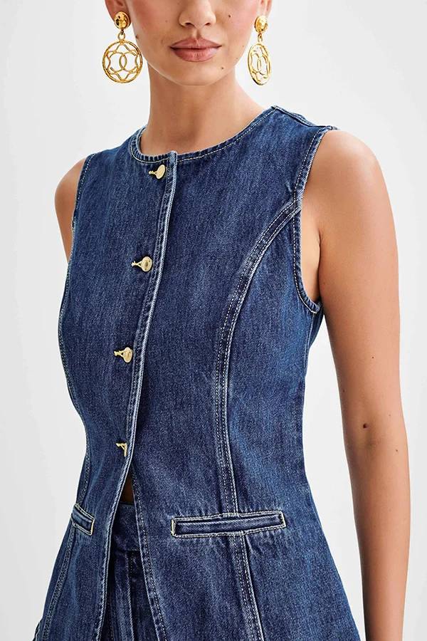 Débardeur boutonné en jean Abel avec poches et coutures princesse