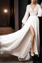 V Neck Long Sleeve Backless Wedding Dress Slim Slit Long Skirt